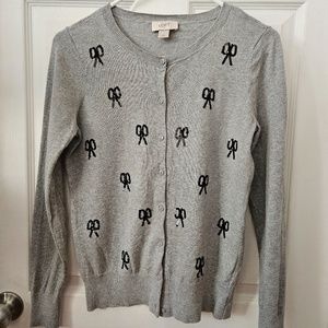Ann Taylor Loft Grey Sequined Black Bow Cardigan Button Up Sweater Size Medium